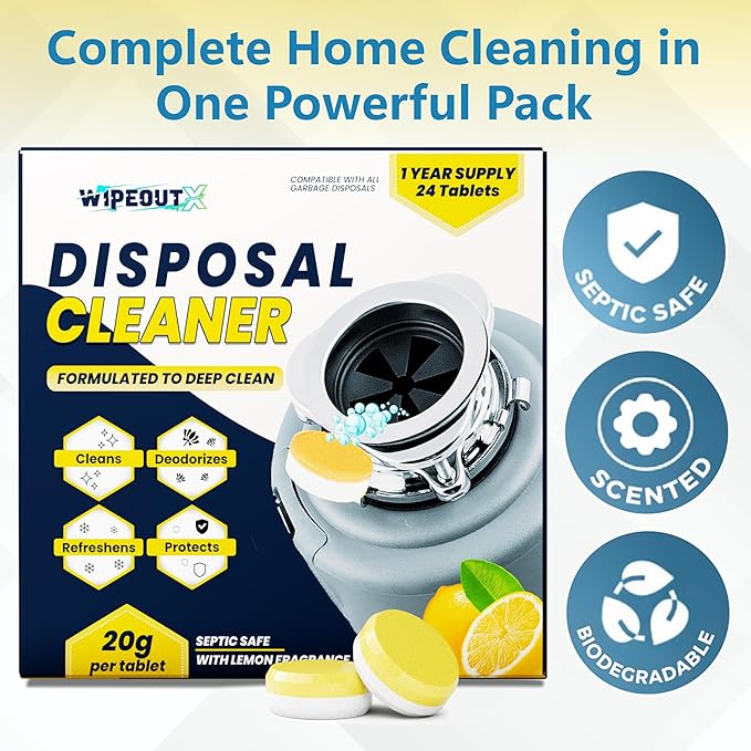 Garbage Disposal Cleaner Tablets - 24 Pack (1-Year Supply) Powerful Foaming Lemon Scented Kitchen Sink Freshener Drain & Pods Odor Eliminator and Deodorizer Septic Safe