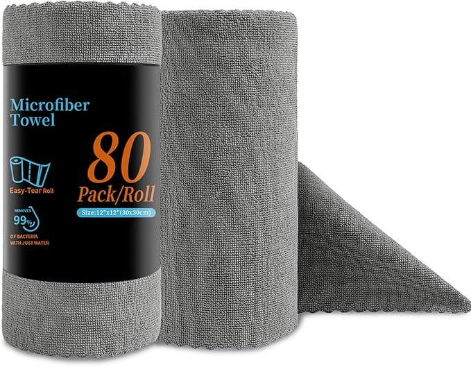 80 Pack Microfiber Cleaning Cloth Roll Reusable Paper Towels 12"x12" Tear Away Cloth, Microfiber Towels for Cars, Wash Cloths, Lint Free Dark Grey Rags for House, Kitchen,Window,Cleaning Supplies