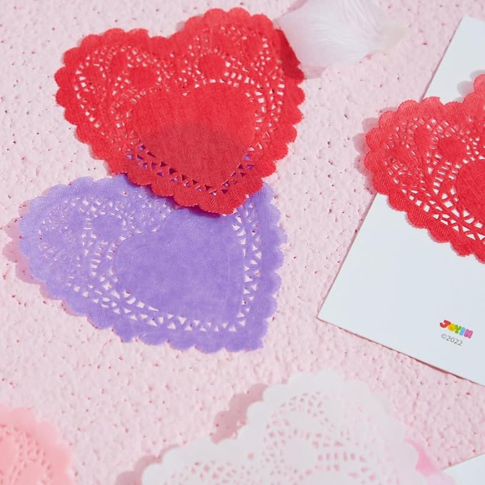 JOYIN 144 Pcs 4" Valentines Day Heart Doilies Party Decorations with 4 Colors Heart Doilies Cutouts Lace Paper Craft Gift Set for Valentine Day Party Tableware Decoration