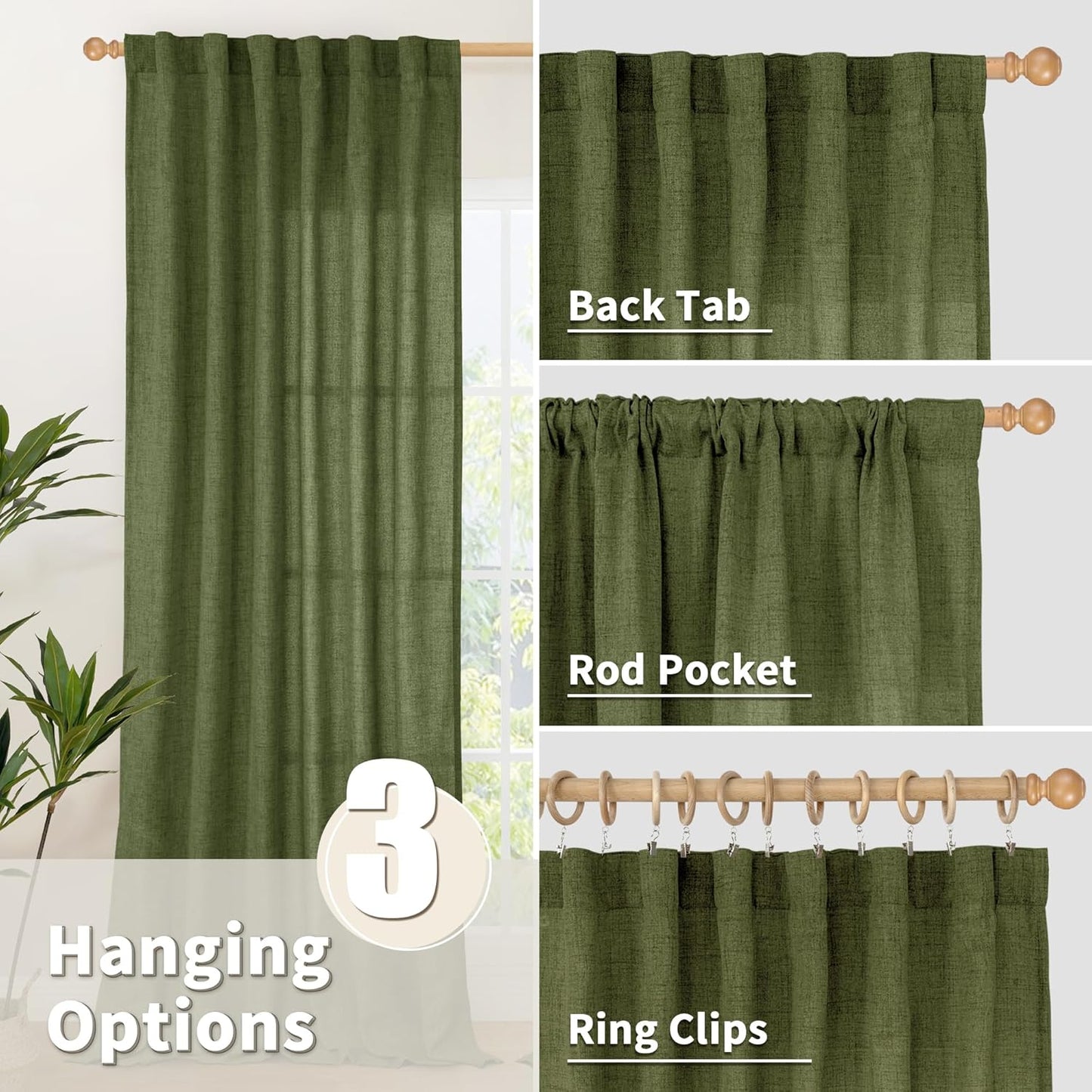 YoungsTex Olive Green Linen Curtains 48 Inch Length for Kitchen, Semi Sheer Small Window Drapes with Rod Pocket Back Tab Light Filtering for Short Living Room Bedroom, 2 Panels, 42 X 48 Inch