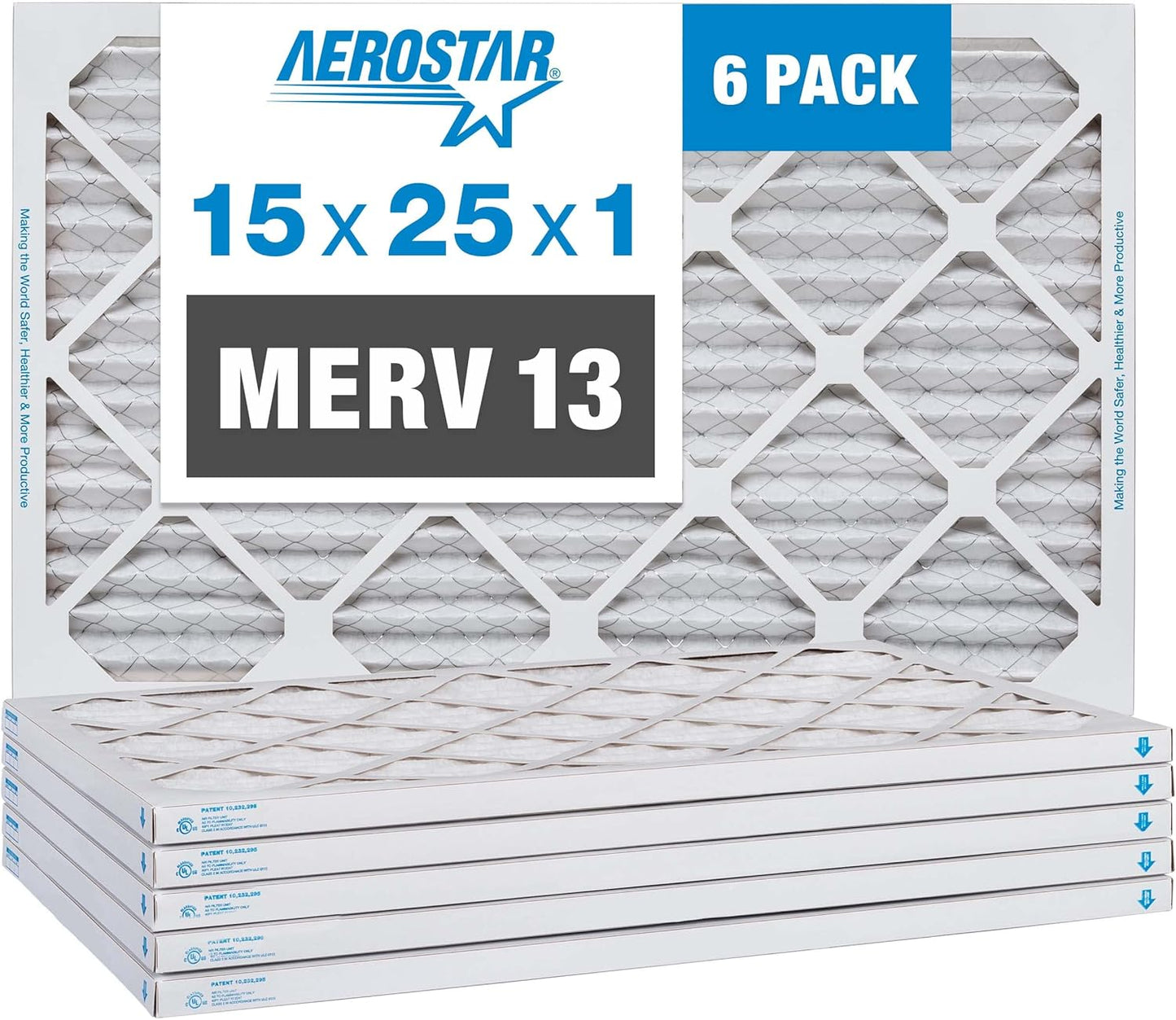 Aerostar 15x25x1 MERV 13 Pleated Air Filter, AC Furnace Air Filter, 6 Pack (Actual Size: 14 1/2" x 24 1/2" x 3/4")
