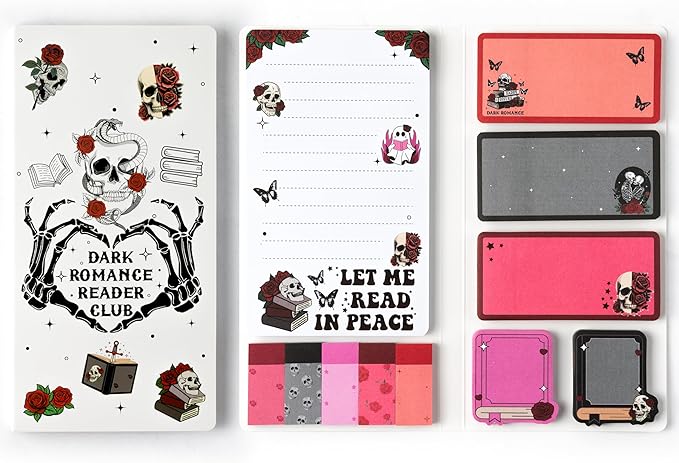 Xqumoi Let Me Read in Peace Dark Romance Sticky Notes Set - 550 Sheets Rose Skull Self-Stick Note Pads Dark Romance Book Lovers Gift Divider Tabs Bundle Writing Memo Pad for Teens Adults