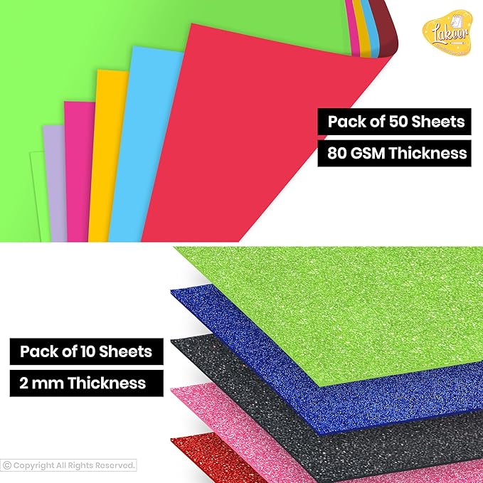 Combo Pack A4 Neon & Glitter Eva Foam Sheets - 50 Neon + 10 Glitter Sheets - Scrapbooking, Craft & Decorations