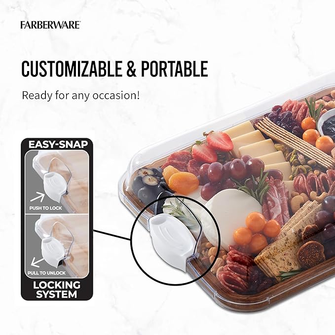 FARBERWARE Build-A-Board Acacia Cutting Board with Built-in Storage Compartments, Clear Locking Lid & White Handles, Great for Charcuterie & Snacks