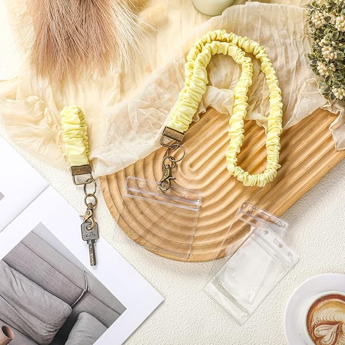 Marspark 2 Set Scrunchie Lanyards with 4 Card Holders for ID Badges and Keys Cute Stretchy Scrunchie Neck and Wrist Lanyards for Teacher Women Nurses School Office Supplies(Yellow,Solid Color)