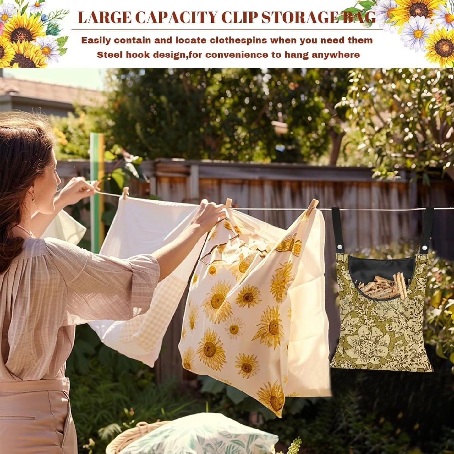 William Morris Works Print Clothespin Holder with Large Opening 14.5"x12" - Multipurpose Outdoor Storage Bag - Durable Polyester Construction with Double Stitched Seams Laundry Centers