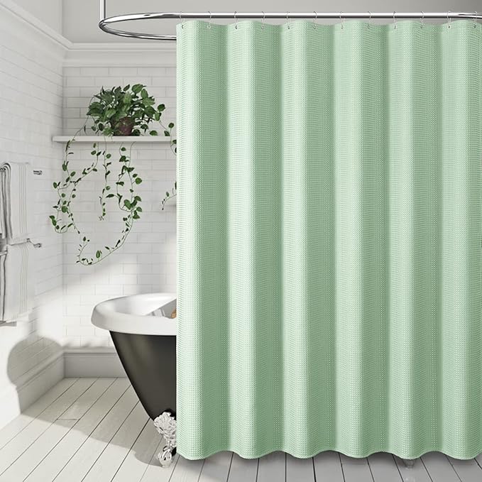 Dynamene Extra Long Shower Curtain - 96 Inch Long Waffle Weave Weighted Thick Cloth Bathroom Shower Curtain, Neutral Heavy Duty Hotel Bath Curtain Set with 12 Plastic Hooks,72x96, Mint Green