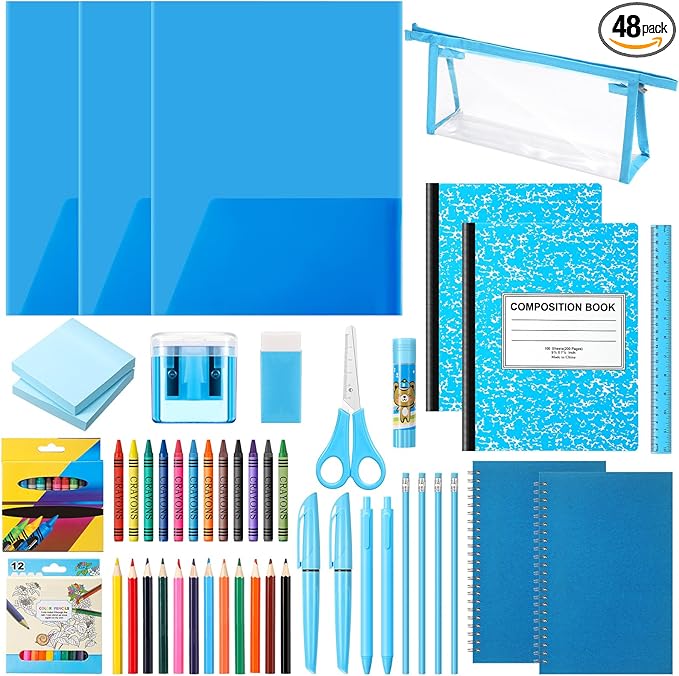 48 Pcs School Stationary Set Essentials Bundle Include Folders Notebooks Rulers Scissors Pencils Pens and Much More Back to School Gifts for Students(Blue)