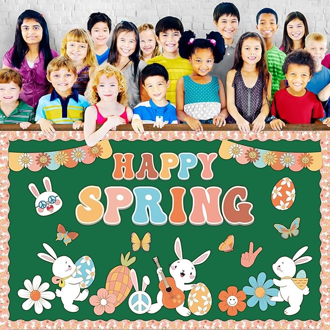 gisgfim Spring Bulletin Board Decoration Set Easter Bunny Borders Cutout for Party School Classroom Door Welcome Bulletin Board Craft Home Wall(Groovy Spring)