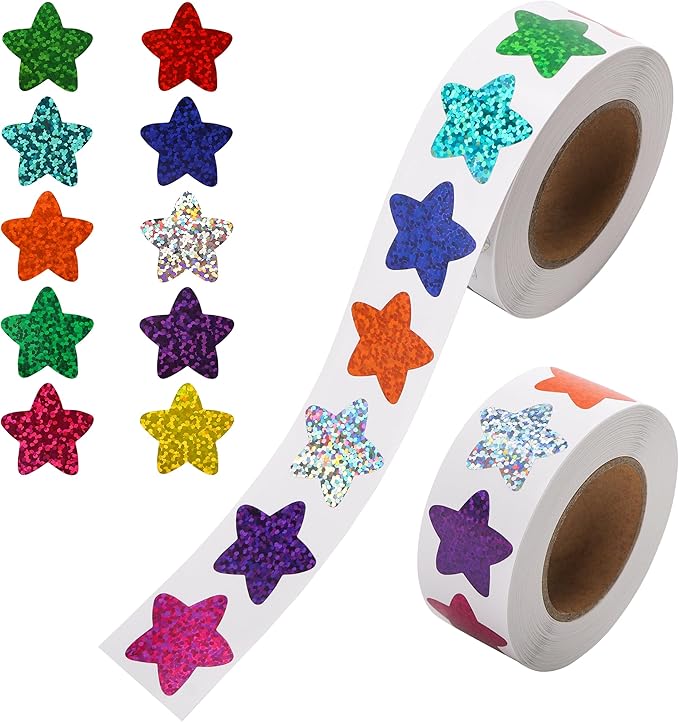 1000 Pcs Glitter Star Stickers, 1 Inch Foil Small Shiny Sticker for Kids Reward, Holographic Rainbow Incentive Stickers for Teacher Office Supplies, Party Decoration