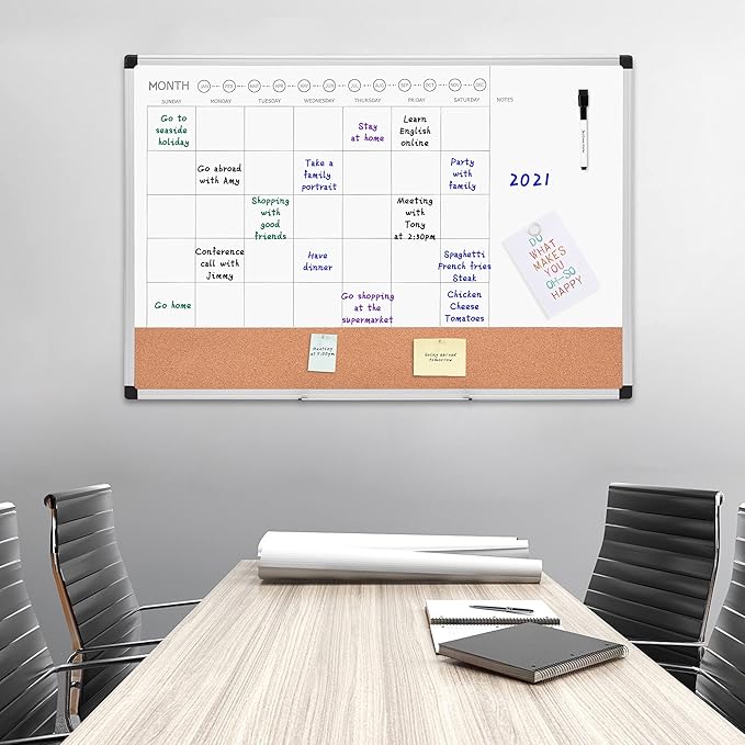 Amazon Basics 24" x 36" Monthly Whiteboard Calendar with Cork Board, Wall Mounted, Easy to Install, Silver Aluminum Frame, Erasable Planning Organization