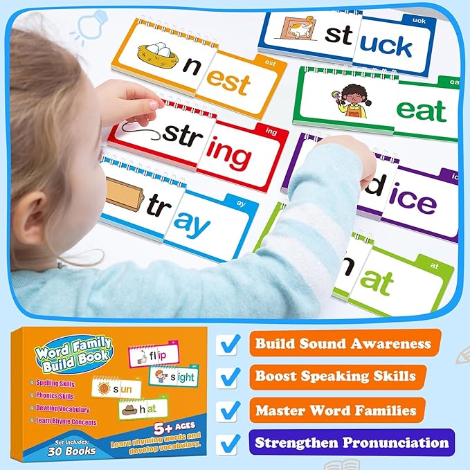 Word Family Build Book, 30 Read and Rhyme Flip Books, Sight Words Flash Cards Kindergarten, Learn to Read Phonics Flash Cards Flip Books for Kids, Homeschool Preschool Classroom Must Haves