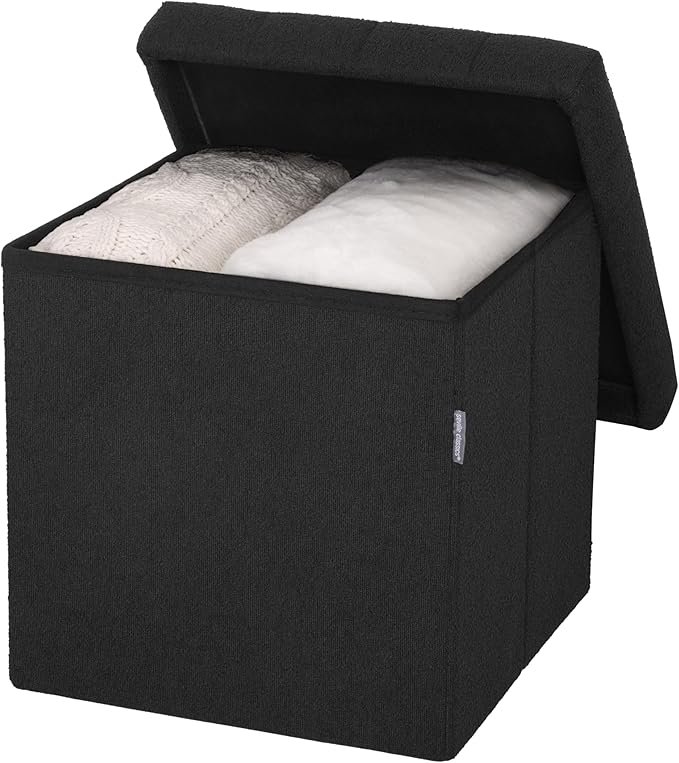 Seville Classics Cushioned Fabric Ottoman Hidden Storage Chest Footrest Chair, Padded Seat for Bedroom, Dorm, Loft, Living Room, Entryway, Hallway, Black Boucle, 15.7" Cube