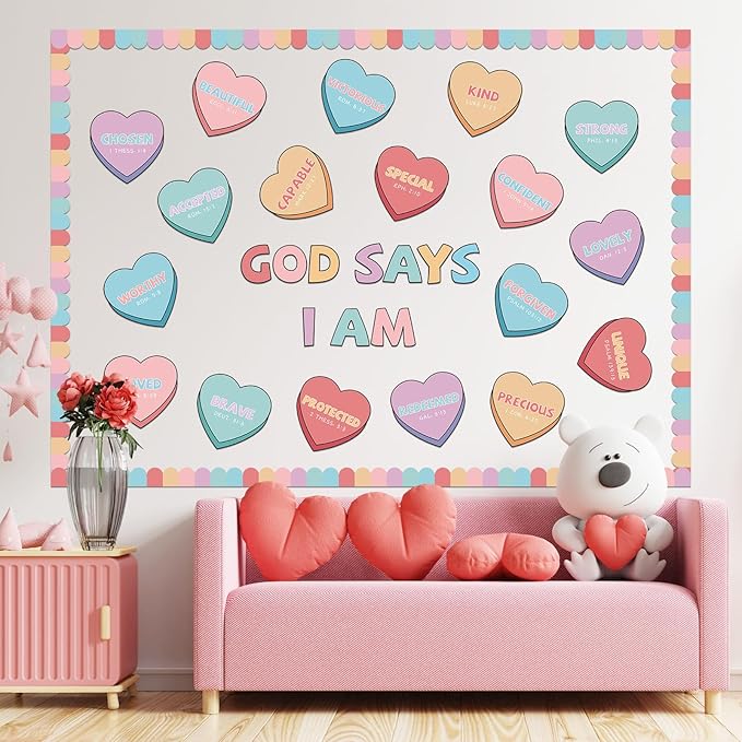 Kosiz 64 Pcs Valentine's Day Christian Hearts Bulletin Board Decoration Religious Candy Heart Cutouts for Church Sunday School Classroom Chalkboard Wall Decor
