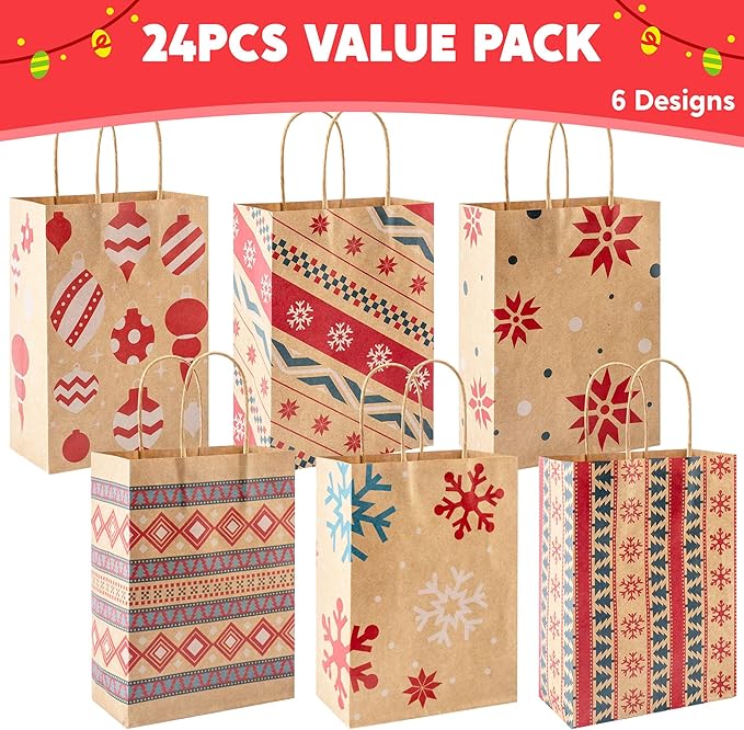 JOYIN 24 PCS Christmas Kraft Gift Bags Xmas Paper Goody Wrap Bags with Durable Handles and Non-Breaking Bottoms for Holidays, Birthdays, Classrooms and Party Favors (8.27 x 5.91 x 3.15)