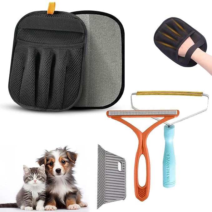 4-In-Premium Pet Hair Removal Glove & Brush Set Electrostatic Dog & Cat Grooming Tool with Lint Remover for Furniture, Carpet, Car - Reusable Magic brush Ideal Pet Supplies for Dog & Cat Hair Removal