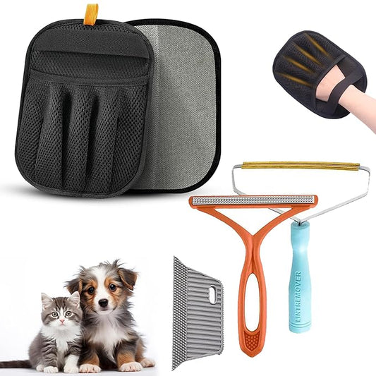 4-In-Premium Pet Hair Removal Glove & Brush Set Electrostatic Dog & Cat Grooming Tool with Lint Remover for Furniture, Carpet, Car - Reusable Magic brush Ideal Pet Supplies for Dog & Cat Hair Removal