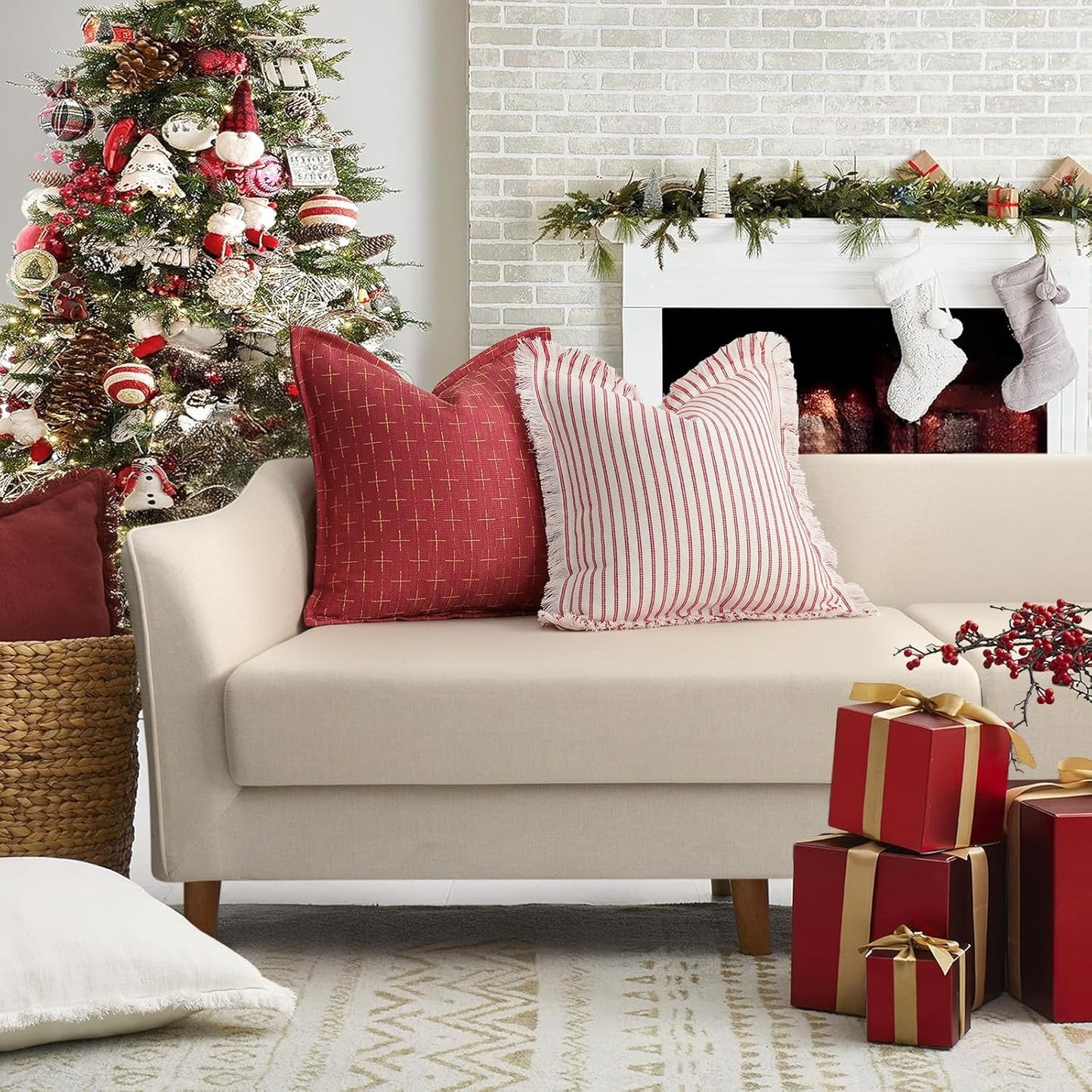 ZWJD Christmas Pillow Covers 26x26 Set of 2 Soft Polyester Textured Red Pillows with Stylish Flange Edge Cozy Farmhouse Christmas Decor for Couch Bed Sofa Living Room (Red)