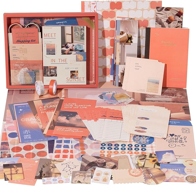 JOYCHOIC Scrapbooking Kit, Sunset Journaling Supplies, Junk Journal Materials, Large Aesthetic Scrapbook Collection for Women, Stationery DIY Arts Craft, Adults