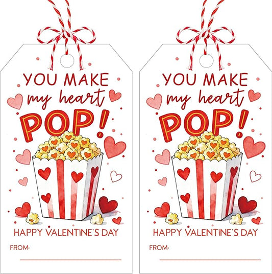 You Make My Heart Pop Valentines Gift Tags, 50 Pcs Valentine Tags with String, Valentines Day Thank You Gift Label for Bags School Classroom Party Favors