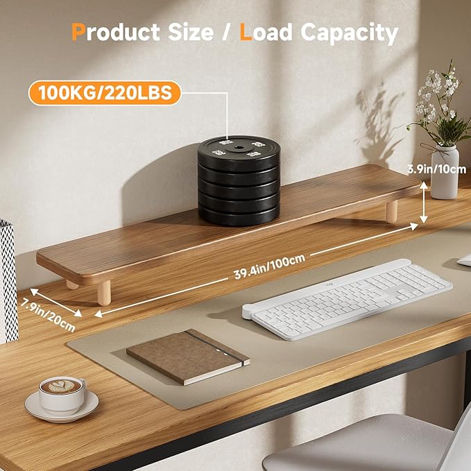 Dual Monitor Stand Riser, 39Inch Extra Long Wooden Desktop Monitor Riser with Storage for 2 Monitors Ultra Strong Desk Shelf Organizer Riser Ergonomic for 2 Screens/Laptop/PC/TV/Printer, Large, Walnut