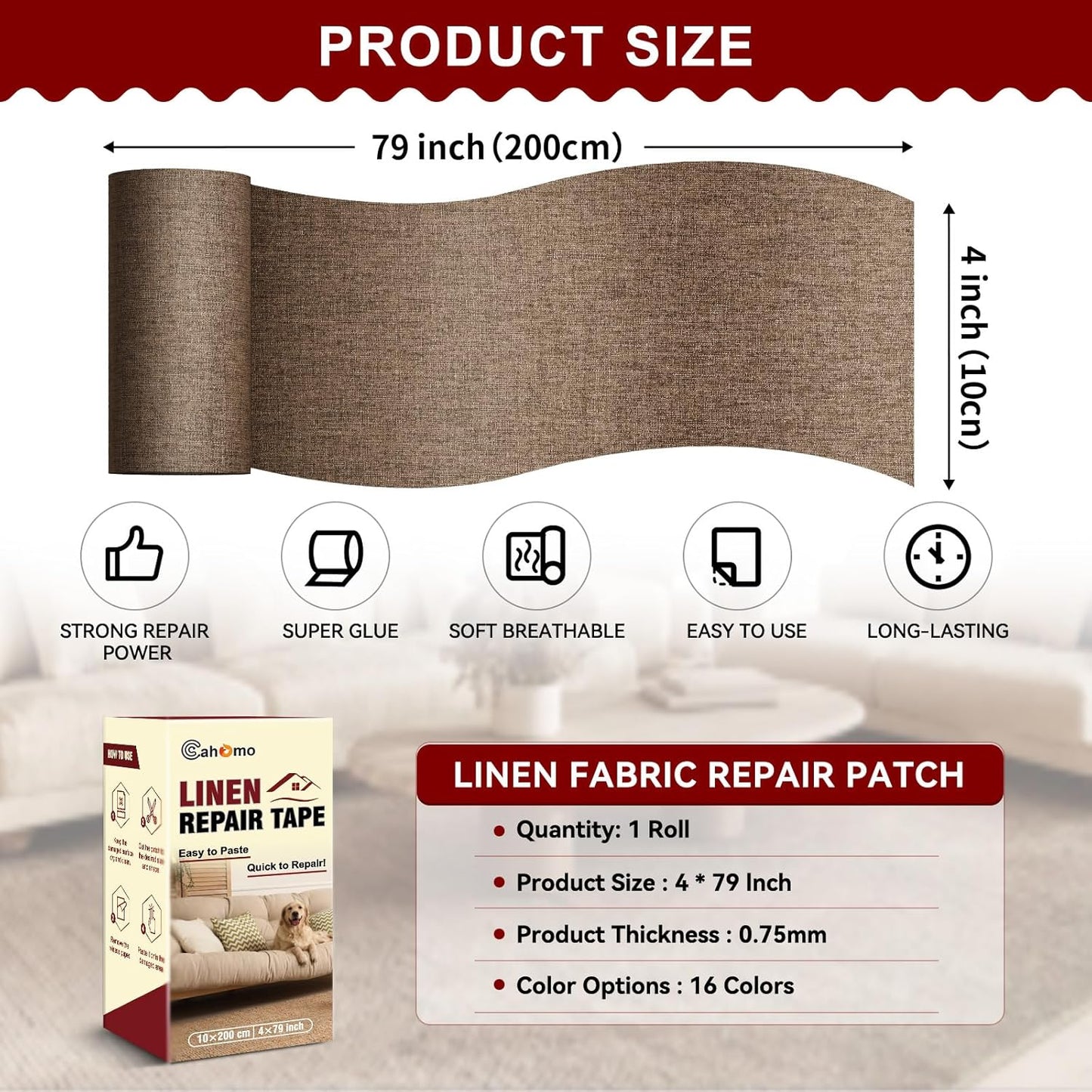 Linen Repair Tape 4x79 inch, Self Adhesive Fabric Patches, Linen Patch Tape Kit, Fabric Repair Tape for Couch Sofas, Headboards, Chairs, Pillows, Curtains, Couches - Light Brown