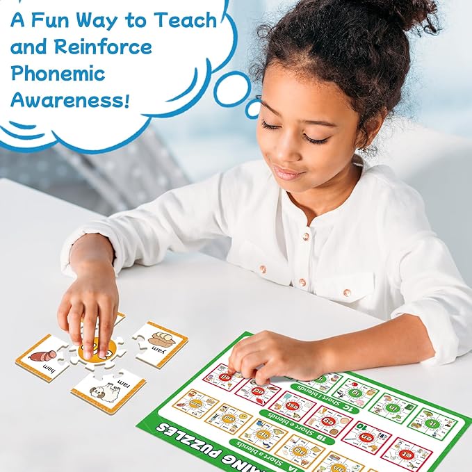Torlam Phonics Puzzle Cards Level 1-4, Learn to Read Rhyming Games Phonics Flash Cards Spelling CVC Words, Digraphs Blends, Long Vowel, Silent E, Trigraphs Sight Words for Toddlers Kids Kindergarten