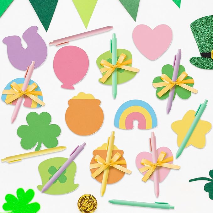 St. Patrick's Day Sticky Note - 24 Set Lucky Charm Bright Colors Super Sticky Notes Polyester Ribbons Ballpoint Pens Sticking Power Page Markers Strong Adhesive Clean Removal Semester School