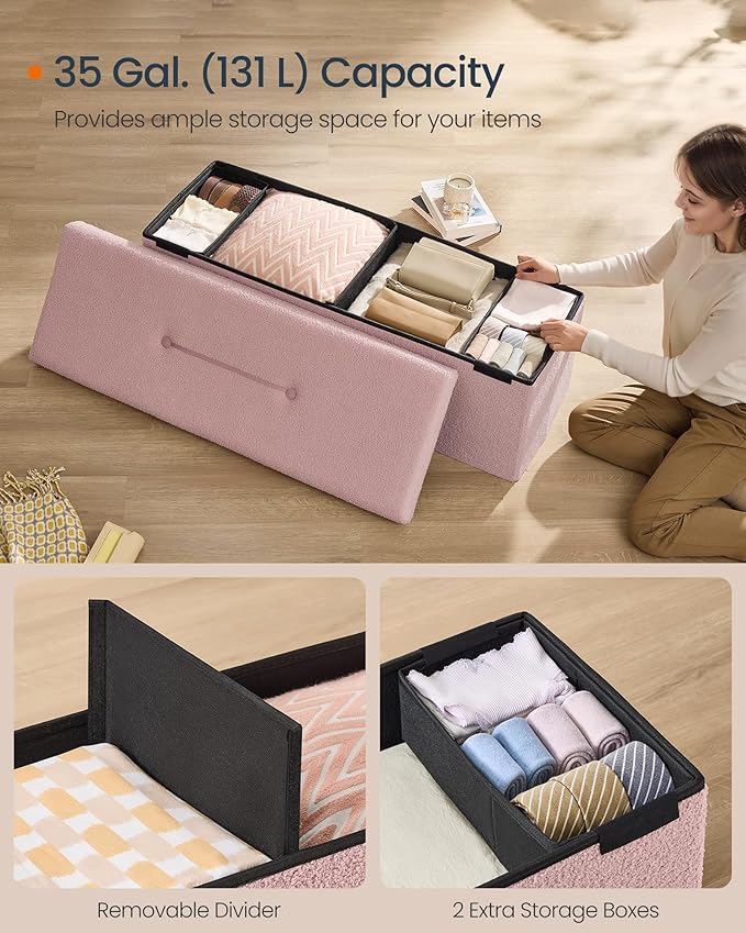 SONGMICS Storage Ottoman Bench, Storage Chest, 15 x 43 x 15 Inches, Foot Rest Stool, End of Bed Bench, Load up to 660 lb, for Living Room, Bedroom, Entryway, Jelly Pink ULSF097R01