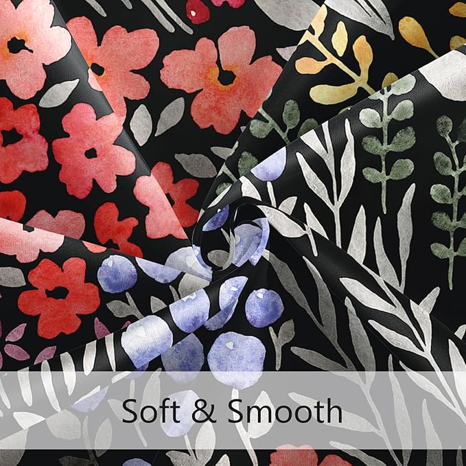 Colorful Floral Shower Curtain, Cute Boho Flower Fabric, Funky Watercolor Wildflower Shower Curtain Set, Cottagecore Bohemian Bathroom Decor, Black, 72x72