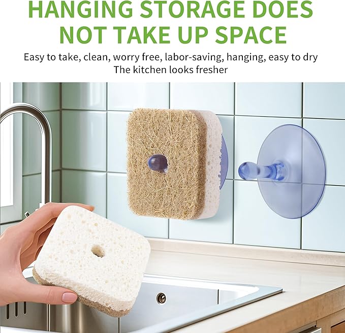 12Pack Kickleen Natural Kitchen Scrub Dish Sponge with Suction Hanger Biodegradable Compostable Cellulose and Coconut Non-Scratch Sponge for Kitchen, Bathroom, Household (White-12)