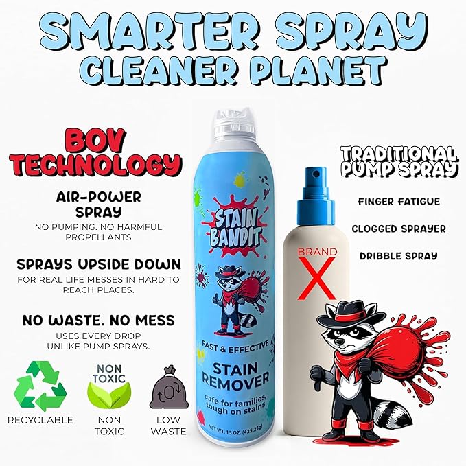 Stain Remover Spray - Non-Toxic, Family Safe Formula - Bag-On-Valve 360 Continuous Spray - Powerful Natural Cleaner for Clothes, Upholstery, Carpet, Car Seats & More - 15 oz (Pack of 2)