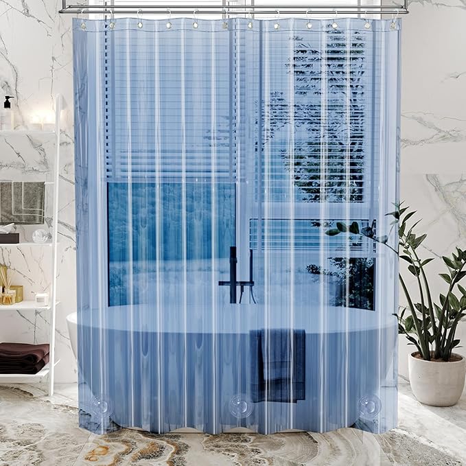 AmazerBath Premium EVA Shower Curtain Clear Blue, Luxury Shower Curtain Blue Jelly-Like Soft, Waterproof Bathroom Curtain with 3 Weighted Stones and 12 Grommets, Recyclable Packaging