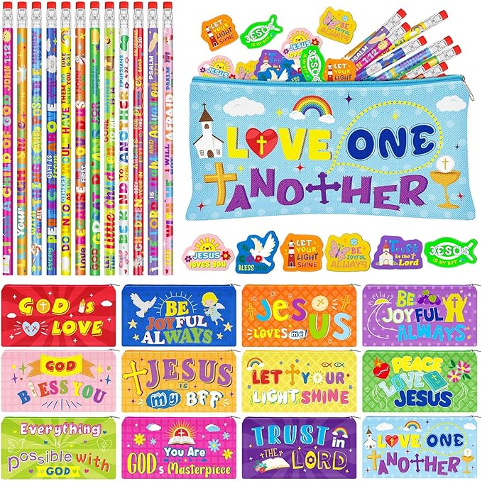 Cinrobiye 48 Pcs Bible Verse Party Favors Sets Religious Motivational Gift Motivational Bible Verse Pencil Case Pouch Pencils Erasers for Religious Gifts Sunday School Prizes Supplies