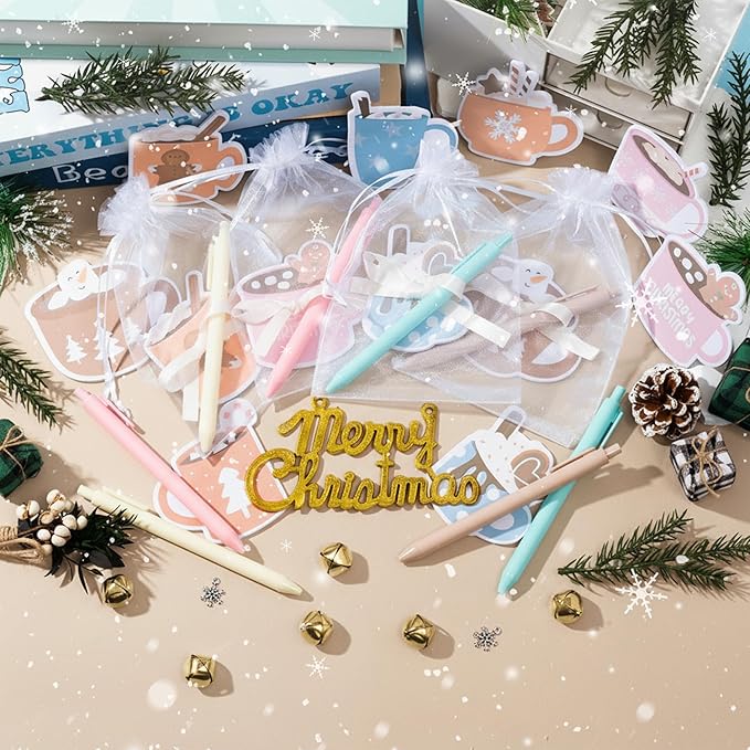 Xqumoi Winter Hot Cocoa Sticky Notes with Pen Gift Set - 24 Set Christmas Coffee Self Sticky Writing Memo Pads Ballpoint Pens with Mesh Bag Party Favors School Classroom Rewards Office Supplies