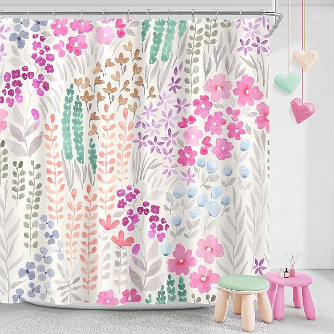 Hot Pink Floral Shower Curtain 60x72, Cute Boho Flower Fabric Shower Curtain, Funky Watercolor Wildflower Shower Curtain Set, Cottagecore Bohemian Bathroom Decor