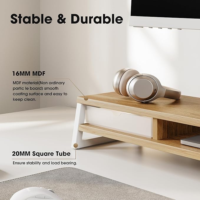 Fenge Dual Monitor Stand, Monitor Riser with Drawer, 42.5 Inch Large Computer Monitor Stand for 2 Monitors, 2 Tier Wooden Desk Shelf for Top of Desk