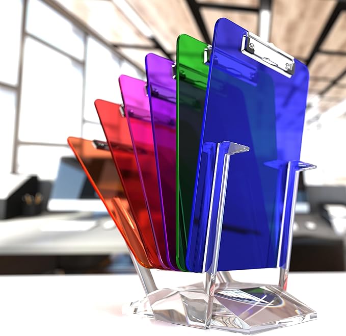 6 Pack Plastic Clipboards Colored Transparent Clear Clip Boards with Low Profile Metal Clip Board 12.5x9 Inch Letter Size Bulk Class Set Acrylic Clip Boards with Hanging Hook - Holds 100 Sheets