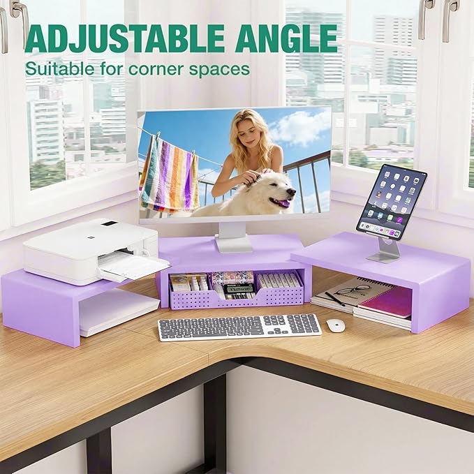 OPNICE Dual Computer Monitor Stand Riser with Drawer, Workspace Desk Organizer, Office Supplies Desk Accessories for Women, Purple