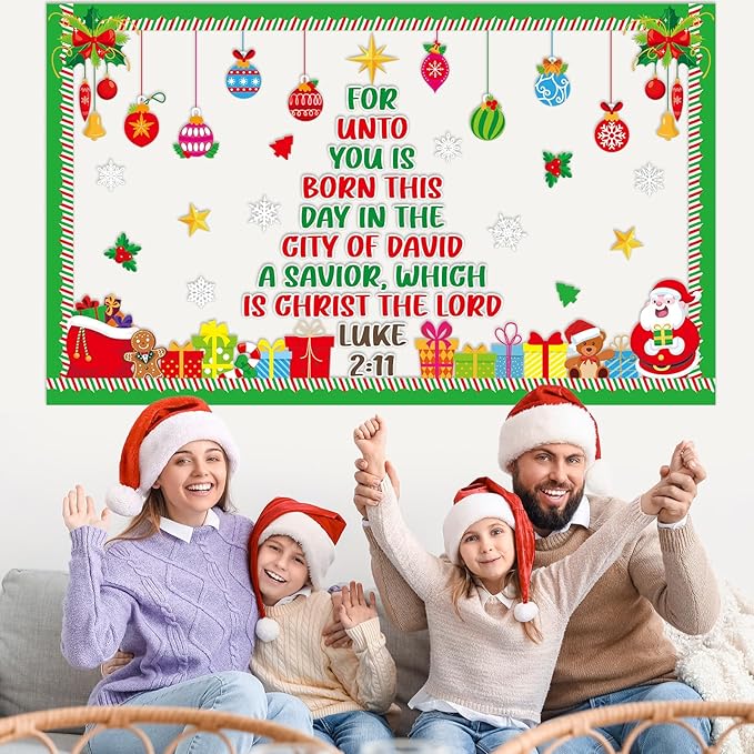 Christmas Religious Bulletin Board Set Christmas Tree Classroom Decor Christian Bible Lord Xmas Gift Boxes Snowflakes Cutouts for Winter Holiday Sunday School Church Classroom Chalkboard Wall Decor