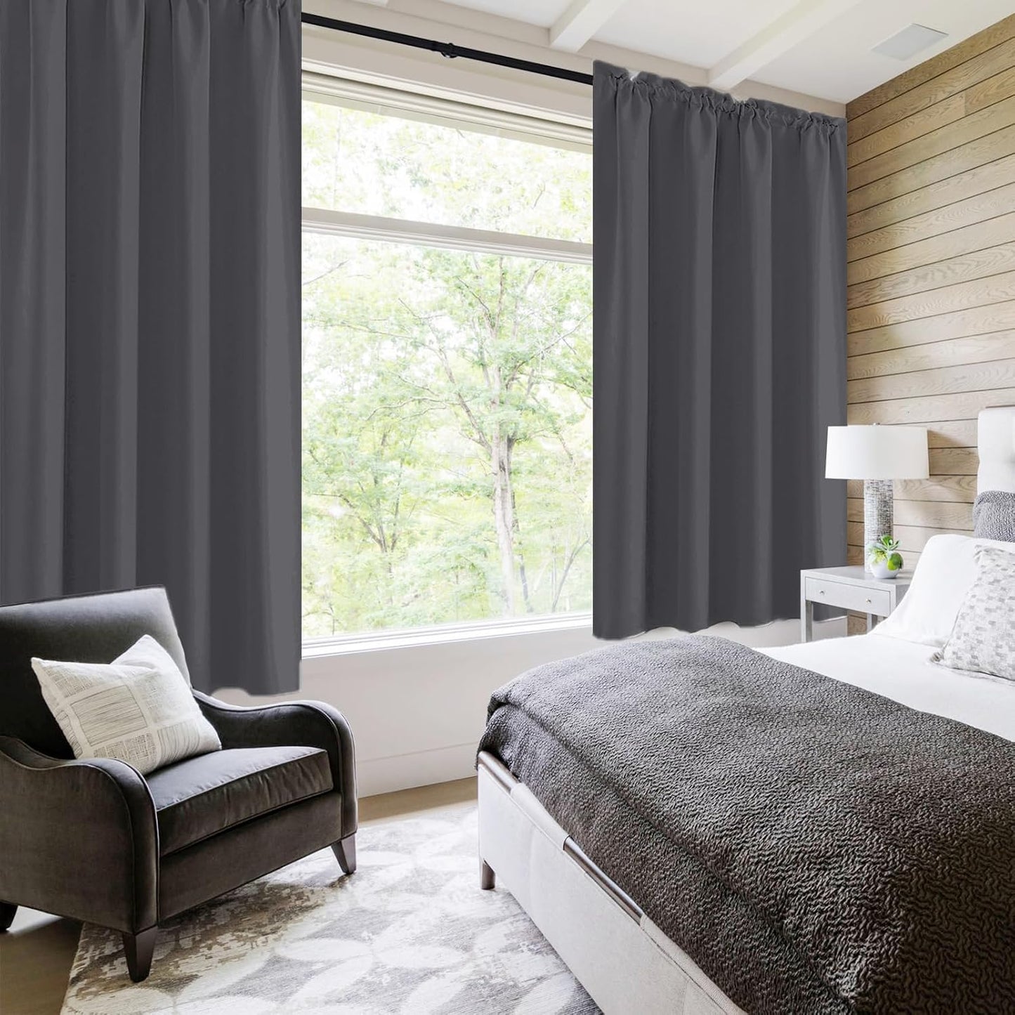 DWCN Kitchen Blackout Short Curtains for Bedroom 45 Inch Length 2 Panels Set, Solid Thermal Insulated Energy Saving Rod Pocket Window Treatment Curtains Blackout Draperies (W42 x L45 Inch, Dark Grey)