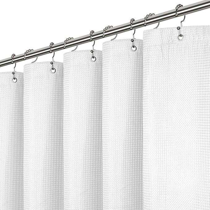 LiBa Waffle Weave Fabric White Shower Curtain, 72 W x 72 H Water Repellent & Heavyweight, Hotel Quality & Cloth Linen Shower Curtains Set and for Bathroom