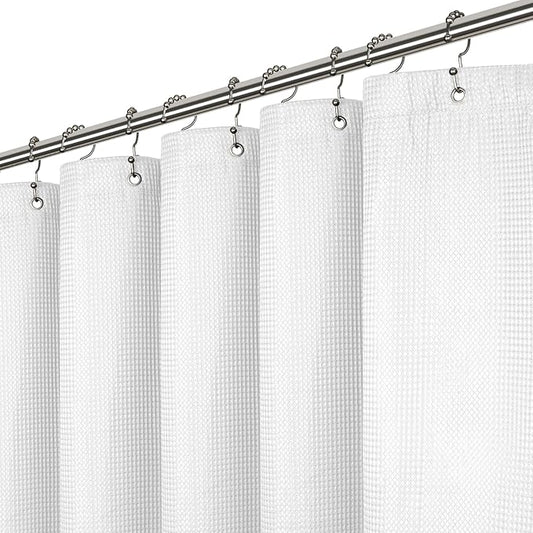 LiBa Waffle Weave Fabric White Shower Curtain, 72 W x 72 H Water Repellent & Heavyweight, Hotel Quality & Cloth Linen Shower Curtains Set and for Bathroom