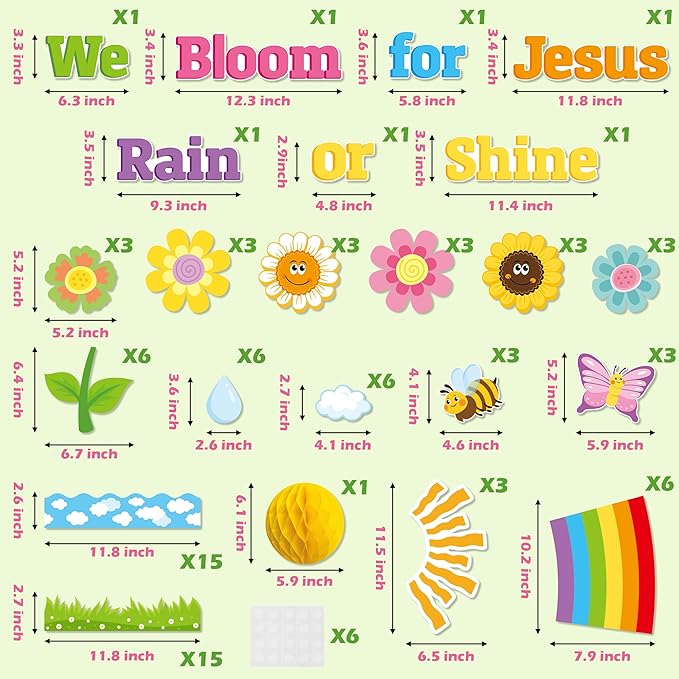 BeYumi 88Pcs We Bloom for Jesus Rain or Shine Christian Bulletin Board Set Spring Rainbow Sun Honeycomb Flowers Cutouts Name Tags Trim Border Faith Religious Sunday School Chalkboard Church Decoration