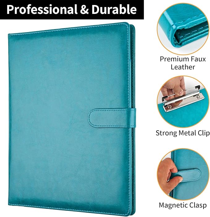 Professional Padfolio with Clipboard, Faux Leather Portfolio Folder Binder, Legal Pad Holder for A4 Letter Size Notepad, Resume, Writing, Ideal Organizer for Business Office Conference (Indigo)
