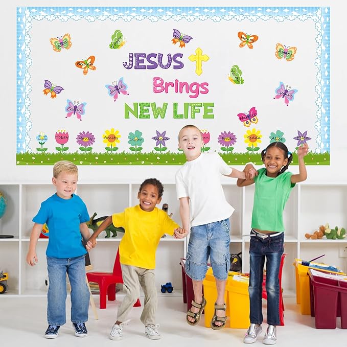 Yopyame 94PCS Jesus Brings New Life Christian Bulletin Board Set Spring Butterfly Flowers Cross Cutouts Bulletin Board Borders Trim Easter Religious Faith Classroom Sunday School Chalkboard Wall Decor