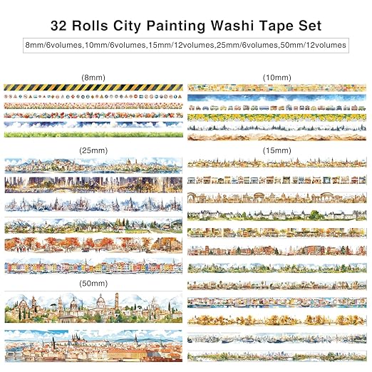 32 Rolls Vintage Washi Tape Set, European Cityscapes with Architectures & Scenery, Writable Decorative Tapes for Scrapbooking, Junk Journal Bullet Journal Supplies 8-50mm Wide, Artistic Adhesive Tape