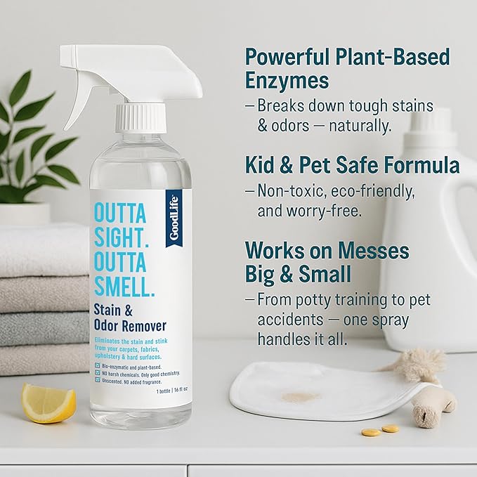 Natural Odor and Stain Remover Spray - Unscented Plant-Based Child & Pet Safe Cleaner Earth-Friendly Odor Eliminator Eco Cleaning Products for Home, Carpet (1 Pack, 1 Gallon)