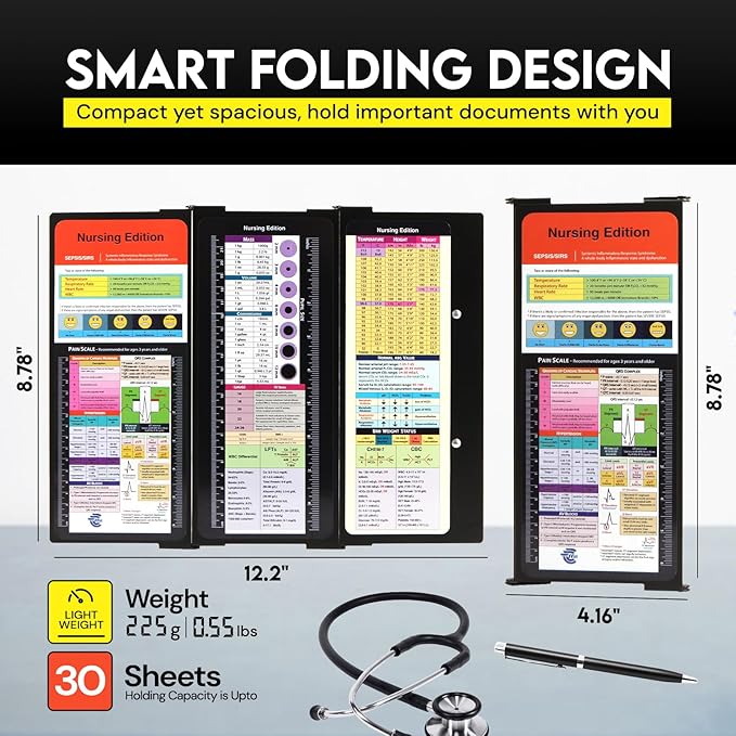 Nursing Clipboard Foldable with Medical Edition Cheat Sheets, 3 Layers Aluminum Foldable Clipboard for Nursing, Notepad for Students, Nursing School Essentials (Black)