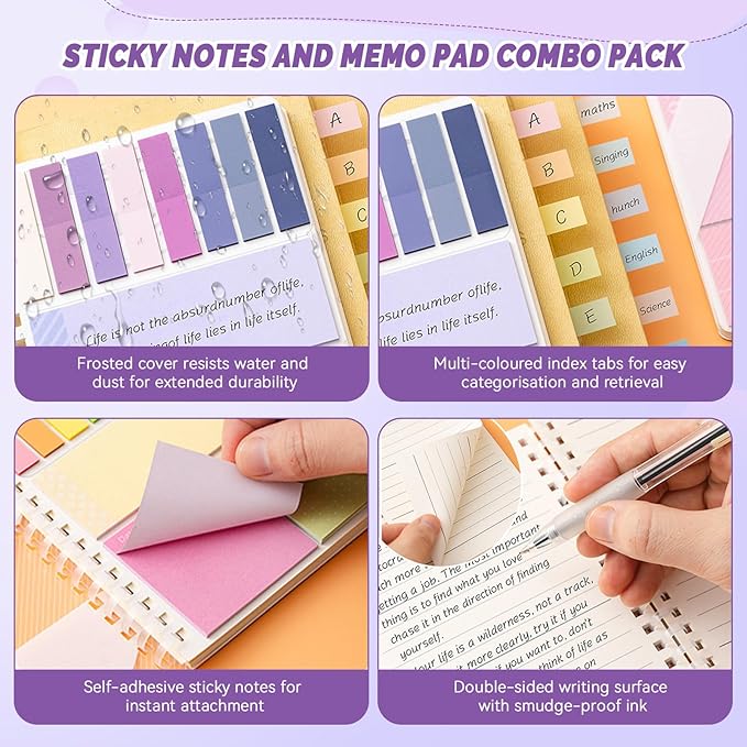 2Pcs Multi-Functional Sticky Note Combination Notebook, 220 Stickers +60 Inner Pages. Suitable for Office and Study Supplies (Purple)